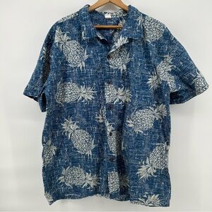 Palmwave Hawaiian Shirt Mens 2XL Blue Pineapple Tropical Button Up Cotton Camp